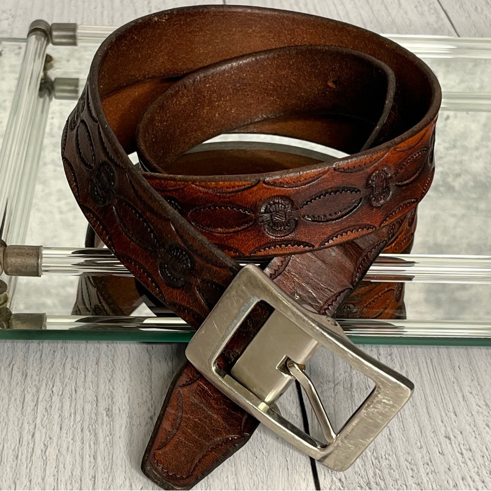 Vintage Tooled Brown Leather Belt Brushed Silver Rectangular Buckle, 50”Length